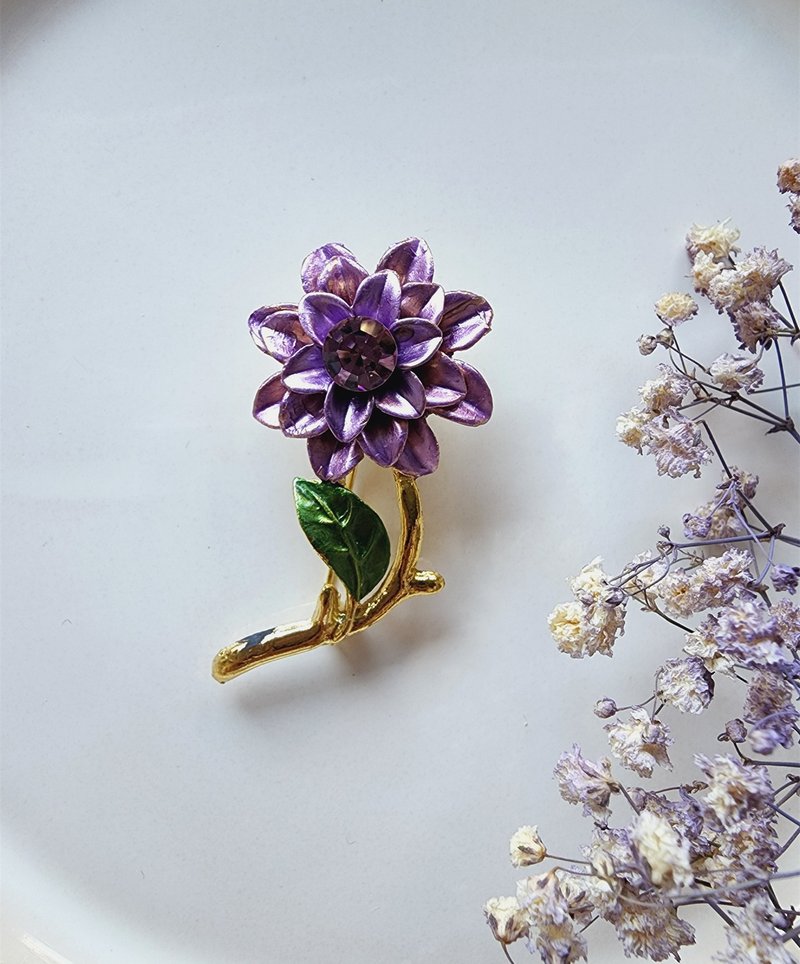 美國西洋古董飾品 / 虹膜珍珠紫羅蘭花萊茵琺瑯葉復古胸針/別針 - 胸針 - 其他金屬 