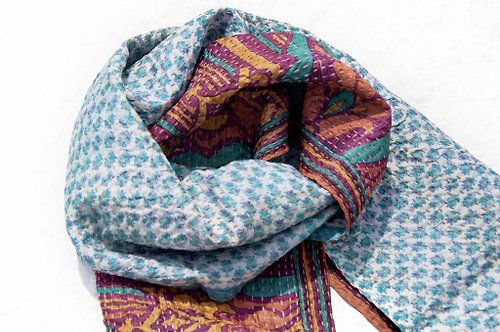 omhandmade 刺繡絲巾/絲綢刺繡圍巾/手縫紗麗線絲巾/印度絲綢刺繡圍巾-藍色花