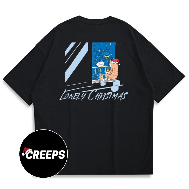 【CREEPS】Lonely Christmas Cat 寬鬆重磅印花T恤 210g - 男 T 恤 - 棉．麻 多色