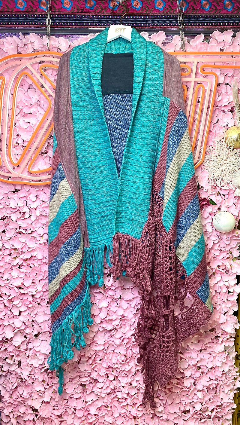 OTT only one piece • Unique Japanese heavy-duty contrasting color hand-crocheted hand-knitted wool shawl cloak scarf - Knit Scarves & Wraps - Wool Multicolor
