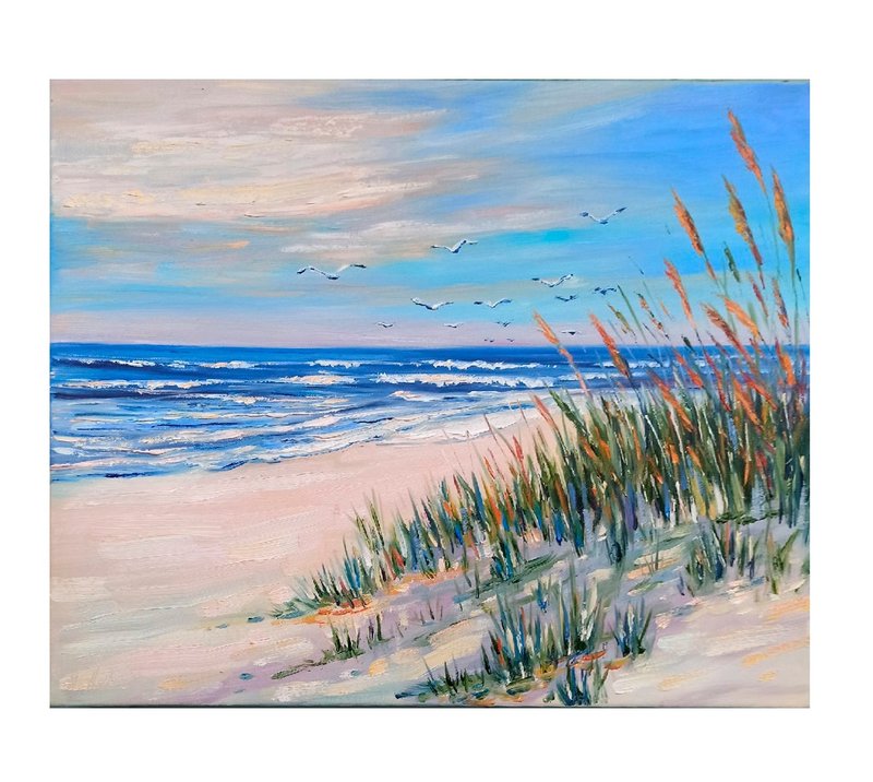 Seascape Oil Painting Seaside Original Art Seagulls Ocean  手繪油畫 - ตกแต่งผนัง - ผ้าฝ้าย/ผ้าลินิน สีน้ำเงิน