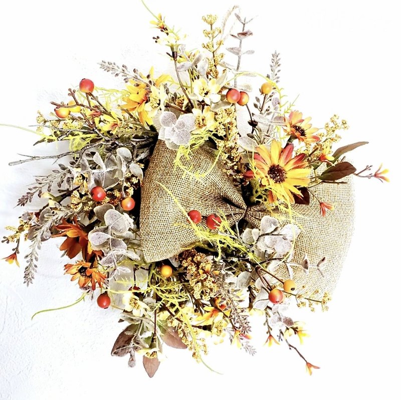 Small flower wreath with cute hemp ribbon, artificial flower, artificial flower - Dried Flowers & Bouquets - Cotton & Hemp Orange
