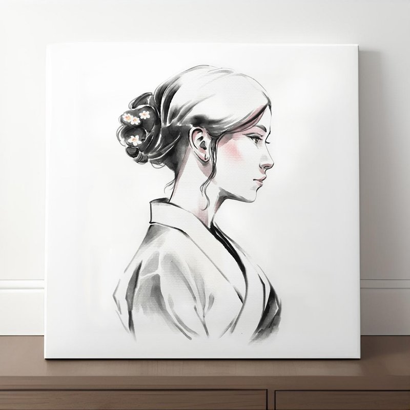 Black and White Sumi-e Portrait of Women Canvas Print for Living Room or Bedroom - Wall Décor - Paper White