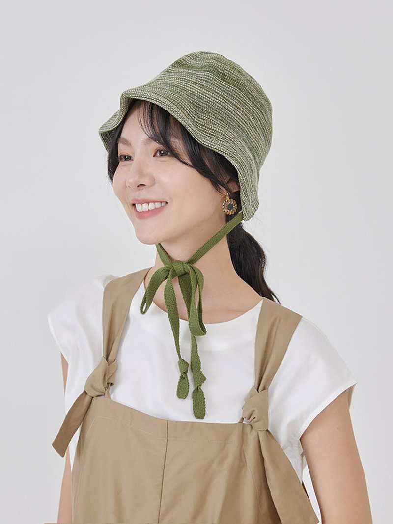 慢風景綁帶遮陽帽-山湖 - 帽子 - 棉．麻 綠色