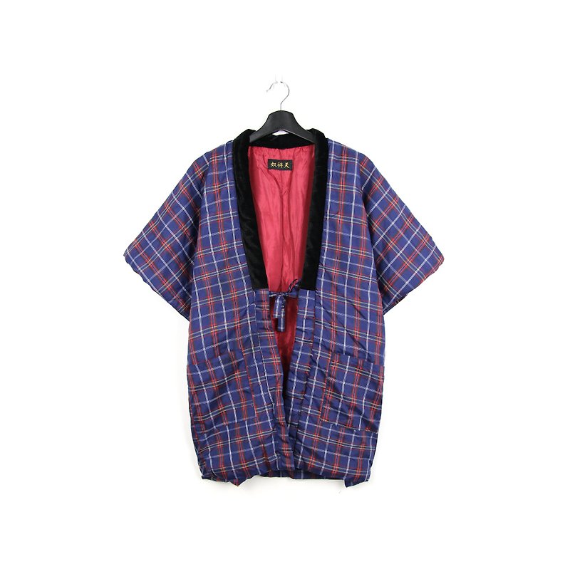 Back to Green:: 袢天日本居家棉袄红红纹短袖// vintage - เสื้อแจ็คเก็ต - ผ้าฝ้าย/ผ้าลินิน 