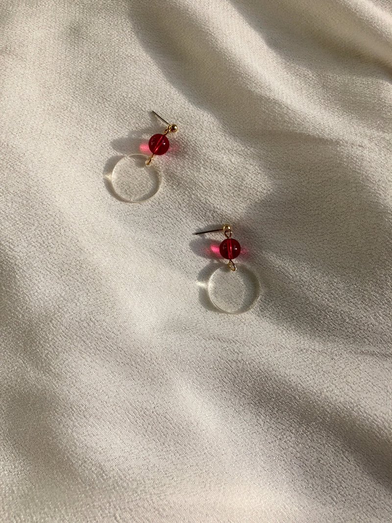 Vintage Transparent Disc & Red Lucite Drop Earrings - 耳環/耳夾/耳骨夾 - 銀 透明