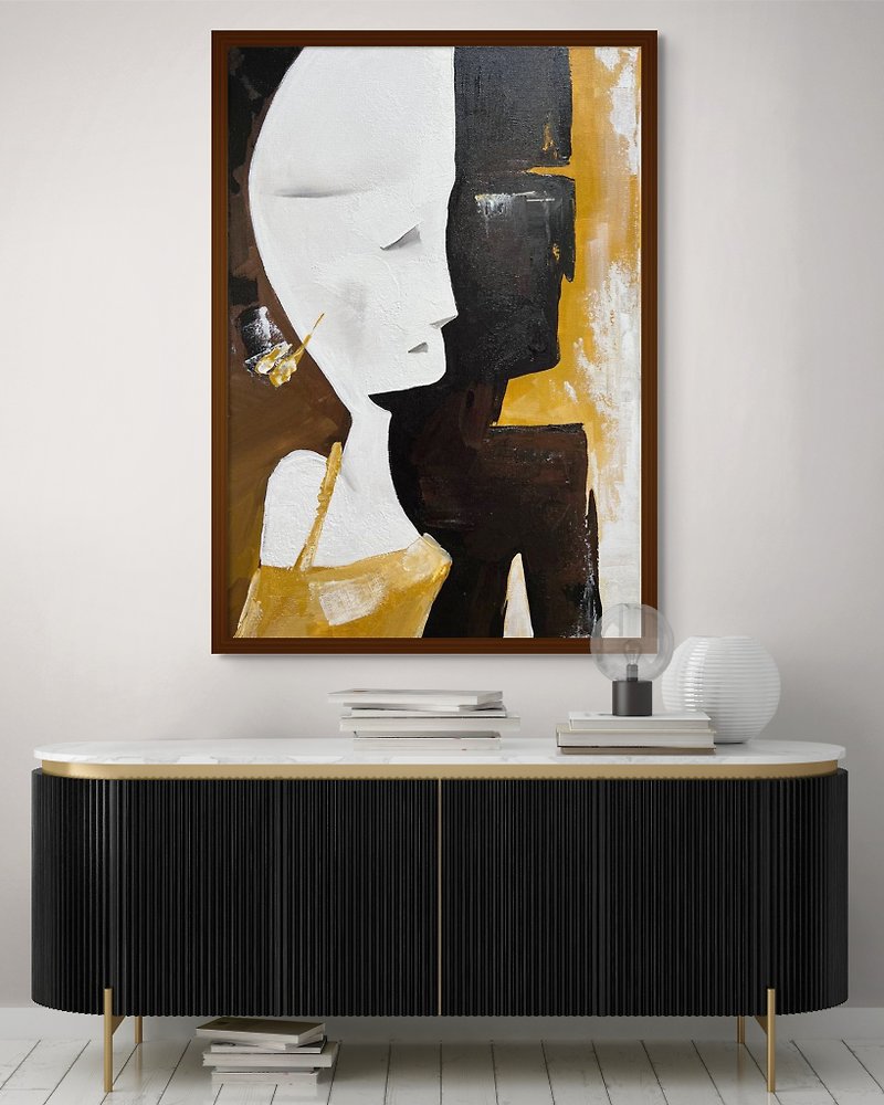 Original Canvas Art Large Abstract Face Wall Art Textured Art for Living Room - Wall Décor - Cotton & Hemp Brown