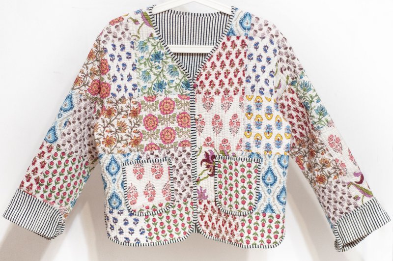 木刻印純棉外套 印度棉有機棉 手工蓋印拼接鋪棉外套-粉紅色花朵 - 女大衣/外套 - 棉．麻 多色