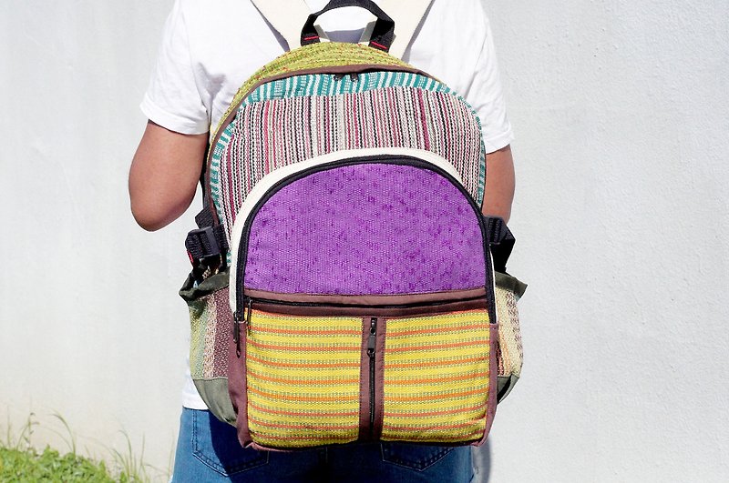 Christmas gifts a handmade limited edition cotton Linen stitching the design backpack / shoulder bag / ethnic mountaineering bag / Patchwork bag - colorful contrast color geometric ethnic Backpack - Backpacks - Cotton & Hemp Multicolor
