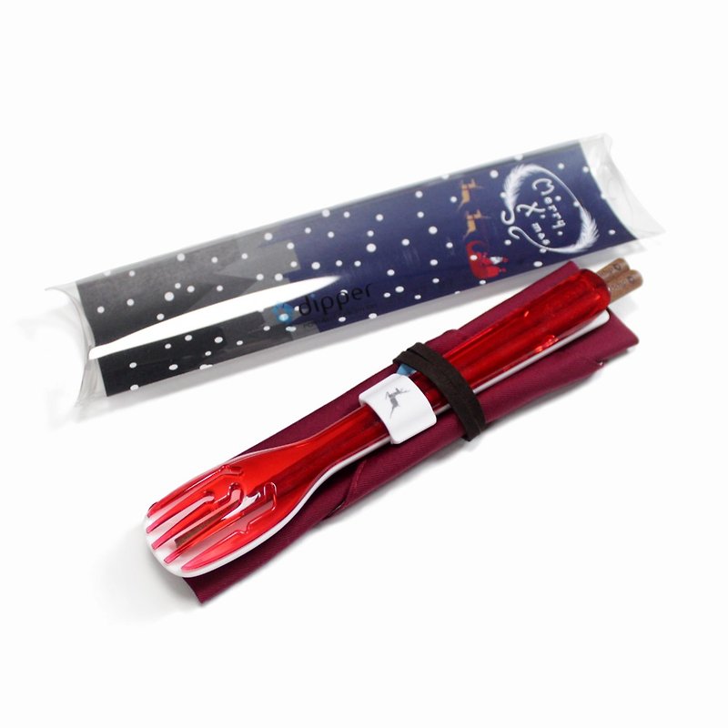 dipper 3合1環保餐具組-莓果紅叉/陶瓷湯匙(聖誕限定版) - 筷子/筷架 - 塑膠 紅色