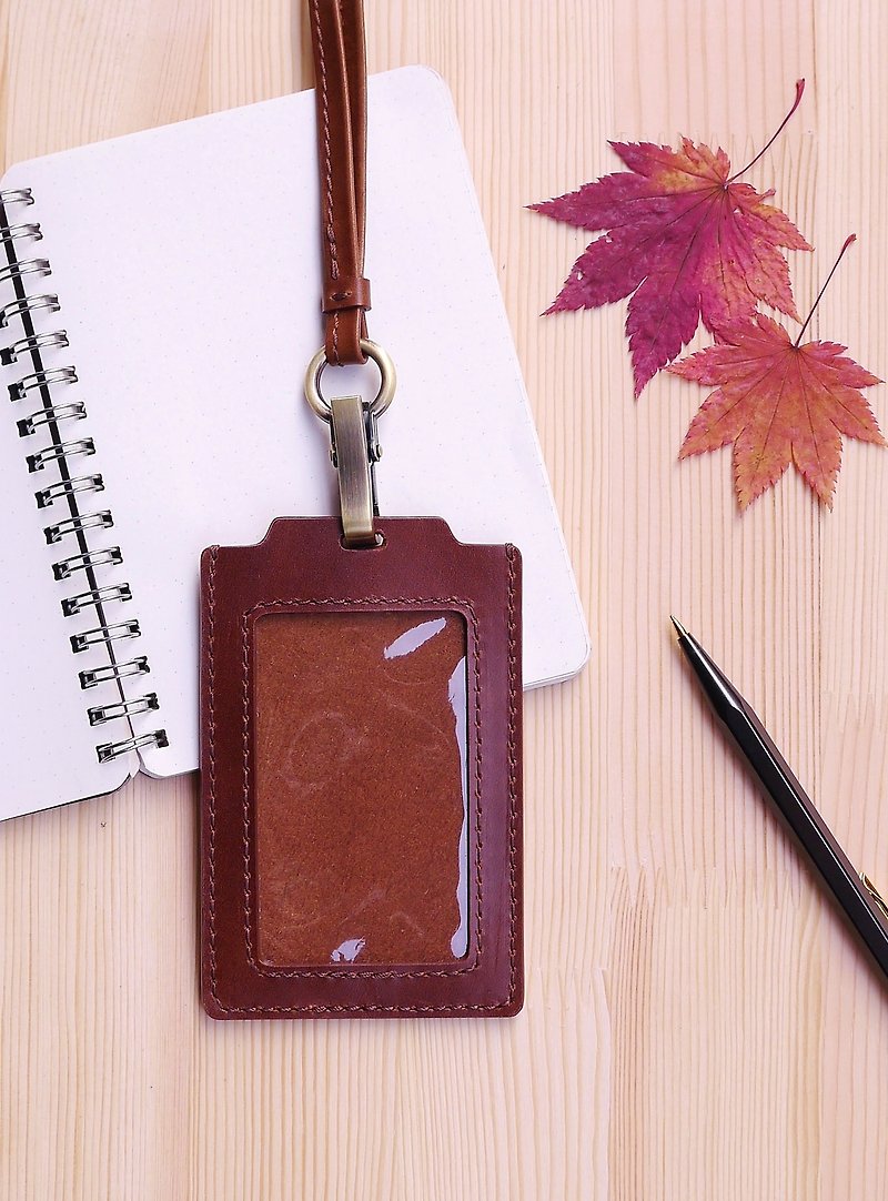 Leather Straight Dual Card Identification Card Holder Easy Card Holder – Brown - ID & Badge Holders - Genuine Leather Brown