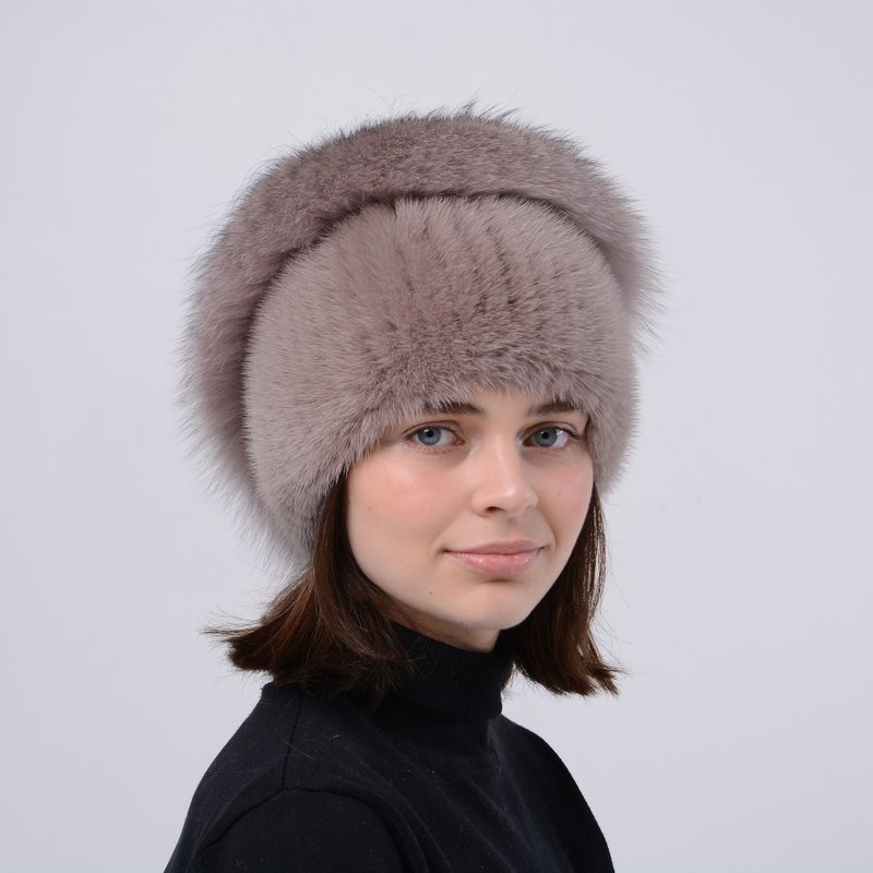 Mink Women's Beanie Hat For Lady With Fox Fur Pompom And Fox Fur Applique - Hats & Caps - Wool Multicolor