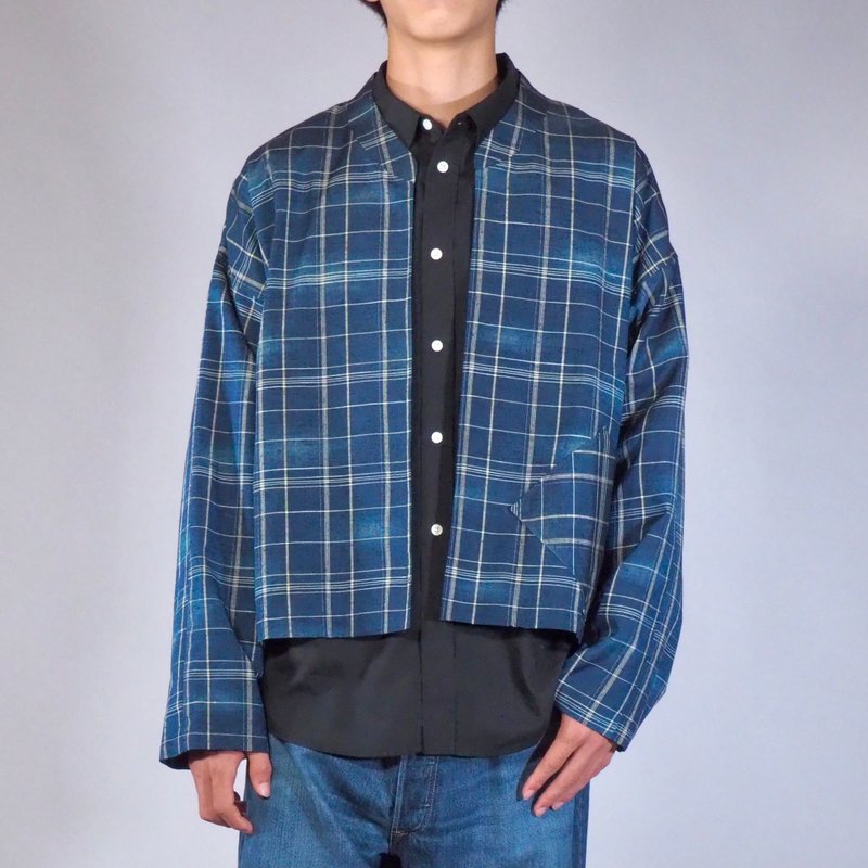 【日本製】vintage Kimono remake shirt, plaid jacket, indigo blue, gift for him - Unisex Hoodies & T-Shirts - Silk Blue