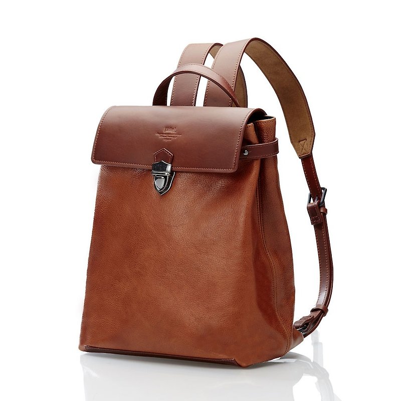 Brown full leather V rear backpack - Small - กระเป๋าเป้สะพายหลัง - หนังแท้ สีนำ้ตาล