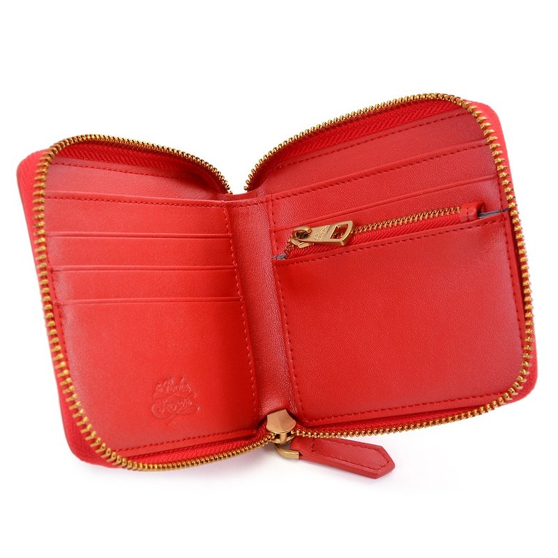 La Poche Secrete Christmas Gift: Candy Girl's Compact Leather Short Clip ㄇ Zip Folio - กระเป๋าสตางค์ - หนังแท้ สีแดง