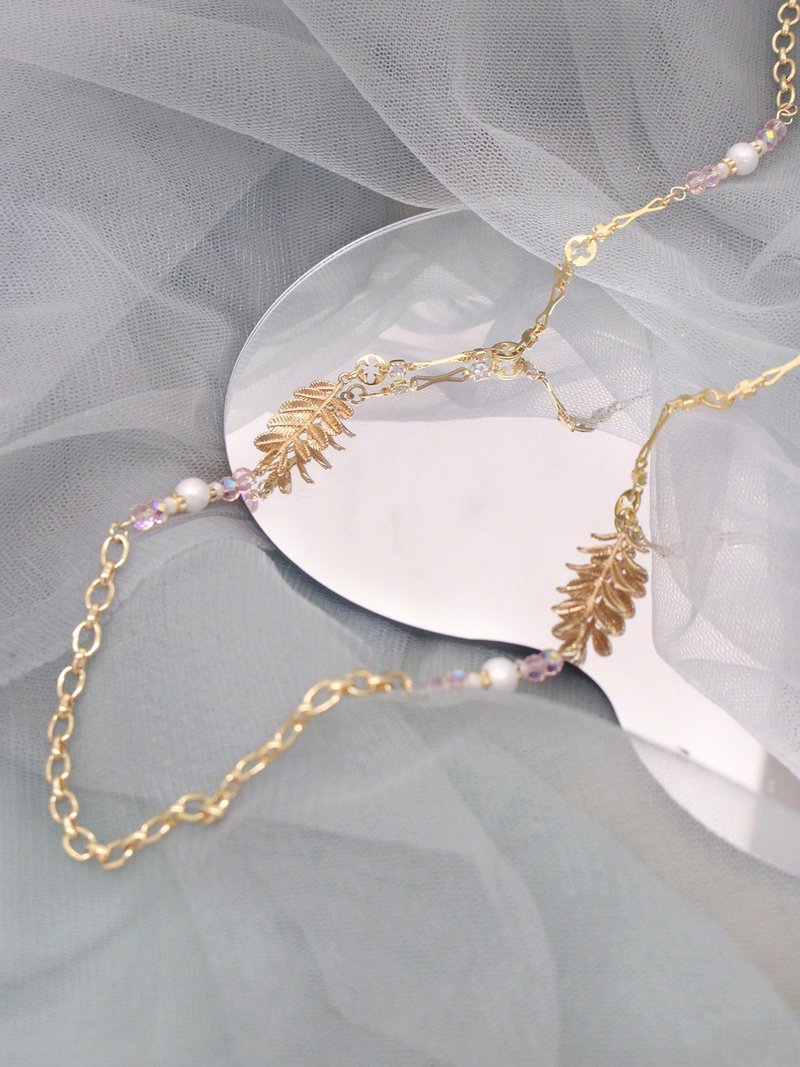 Romantic dreamer. MUCHAT handmade 14KGP crystal pearl branch and leaf necklace - Necklaces - Other Metals Gold