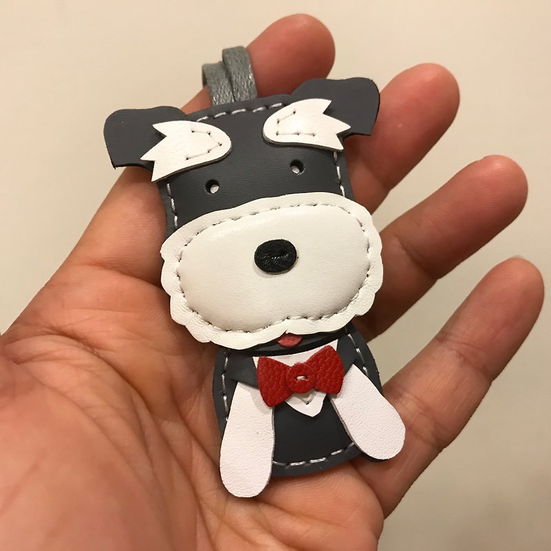 {Leatherprince handmade leather} Taiwan MIT dark gray / white cute shenrui pure hand-sewn leather strap / FiFi the Schnauzer cowhide leather charm in Dark Gray / white (small size / - Keychains - Genuine Leather Gray