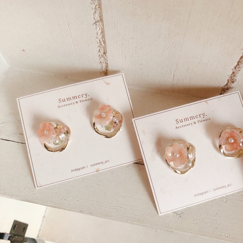 Sunset pink orange hug empty earrings - ต่างหู - พืช/ดอกไม้ สึชมพู