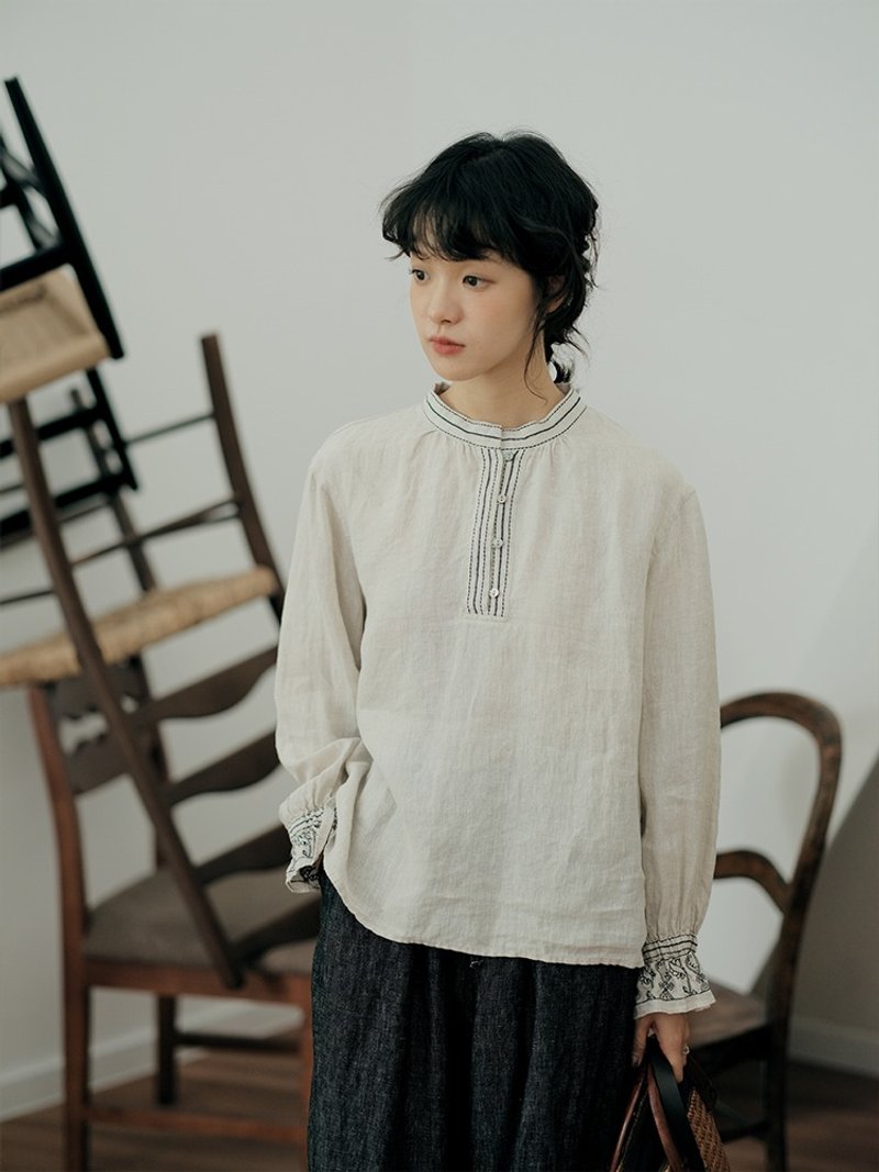 法國雨露麻面料刺繡襯衫 日系寬松上衣長袖 秋 - 女上衣/長袖上衣 - 棉．麻 多色