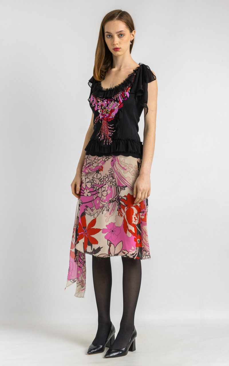 Christian Lacroix Silk suit black top and floral skirt 6165 - จัมพ์สูท - ผ้าไหม สีดำ