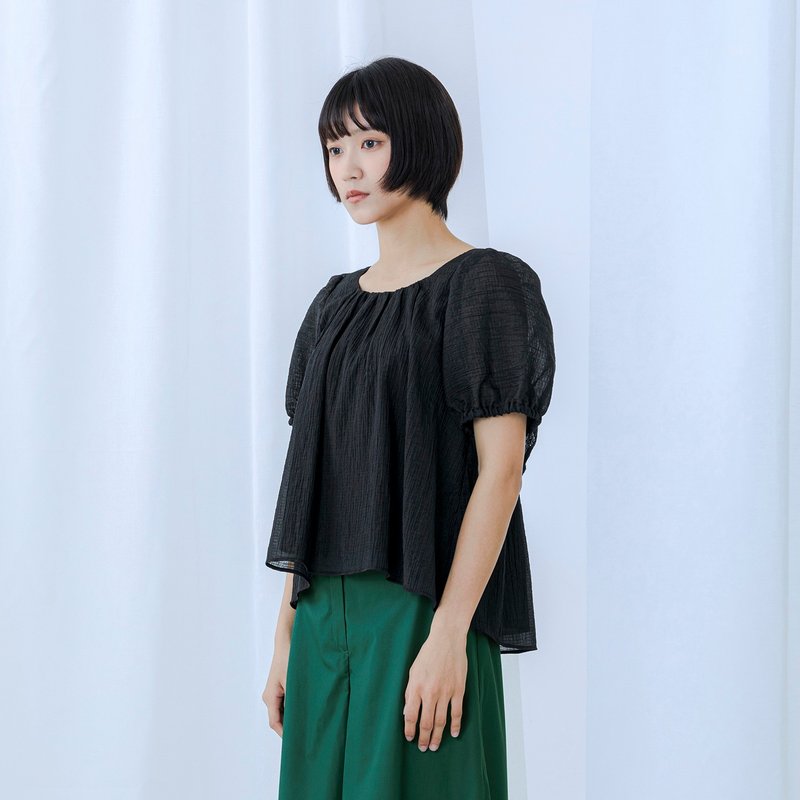 U背荷葉泡泡袖上衣 - 女上衣/長袖上衣 - 棉．麻 黑色
