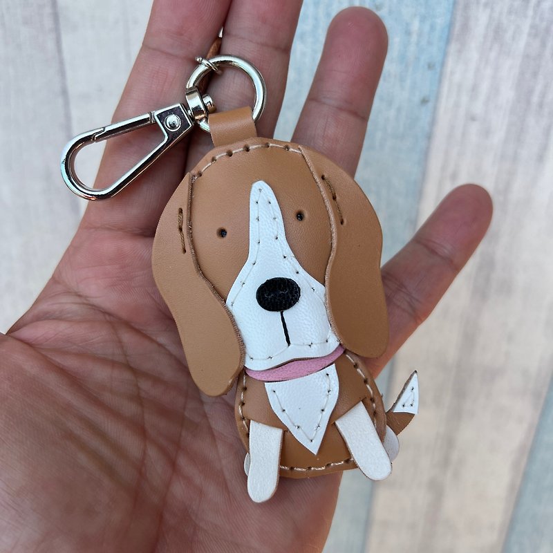 Healing Small Cream/White Miklu Dog Hand-stitched Leather Keychain Small Size - Keychains - Genuine Leather Orange