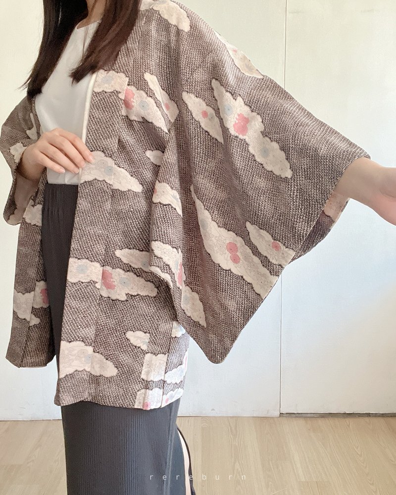 日本製和風印花可可紫薄款古著羽織和服外套-瑕疵特 - 女大衣/外套 - 聚酯纖維 紫色