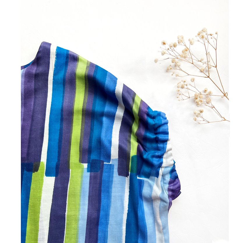 Watercolor striped double yarn dress top 2 wear - ชุดเดรส - ผ้าฝ้าย/ผ้าลินิน สีน้ำเงิน