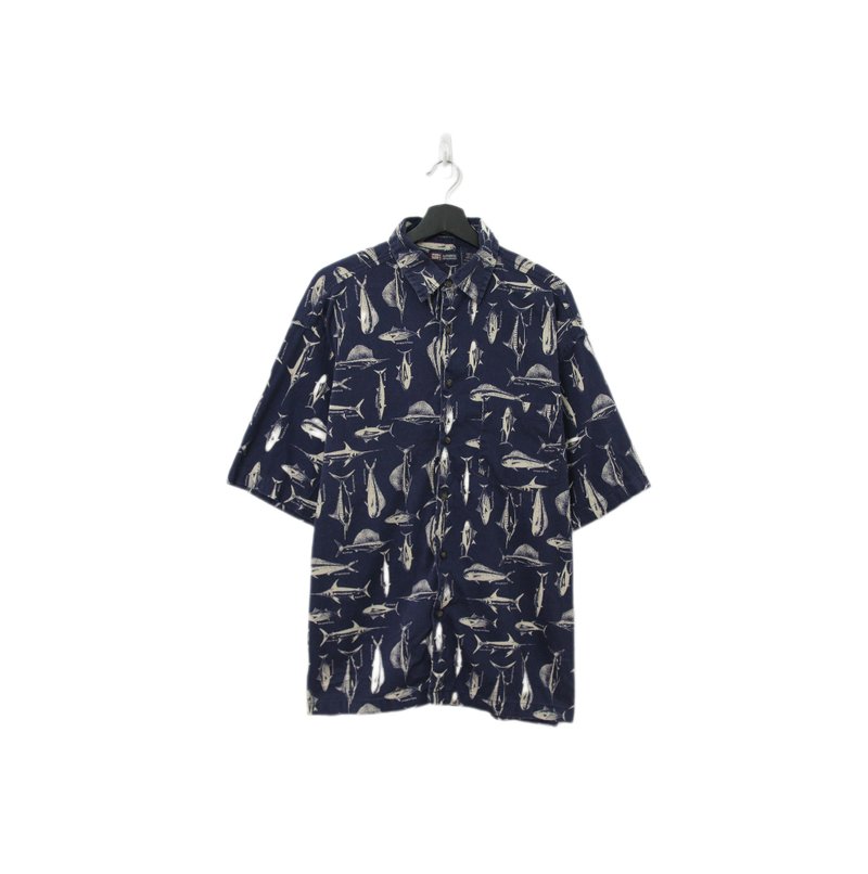 Back to Green-魚圖騰短袖襯衫 海洋魚種 藍 ff-11 vintage shirt - 男襯衫/休閒襯衫 - 棉．麻 