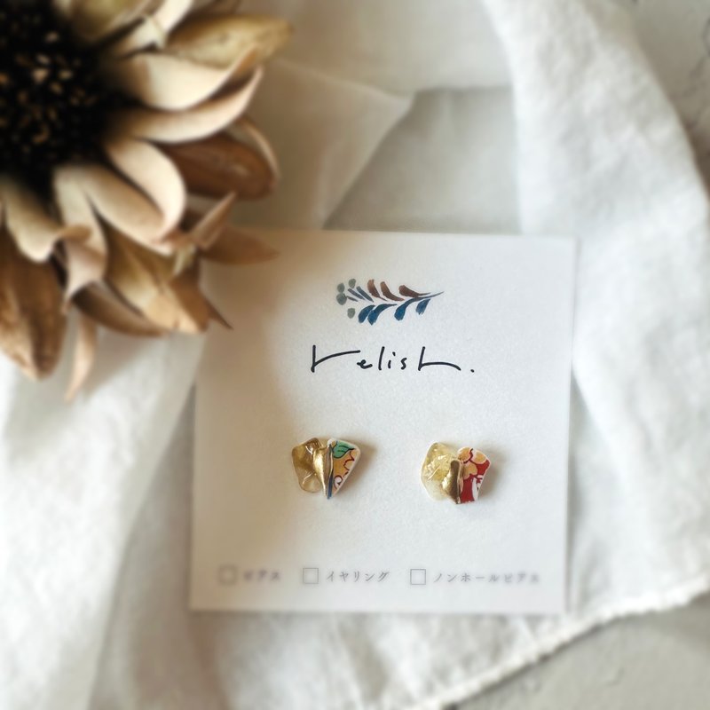 【再販】鮮やか 有田焼 シトリン 金継ぎ ピアス イヤリング ノンホールピアス 天然石 シンプル 小ぶり 小さい 伝統工芸 陶器 やきもの  陶片 贈り物 - ピアス・イヤリング - 陶器 イエロー