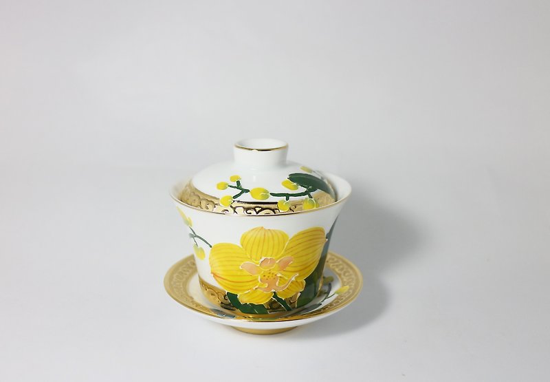 Pure hand-painted teacup-after Lanzhong-Fenghuang Tengda (three-piece cover cup) - ถ้วย - เครื่องลายคราม สีเหลือง
