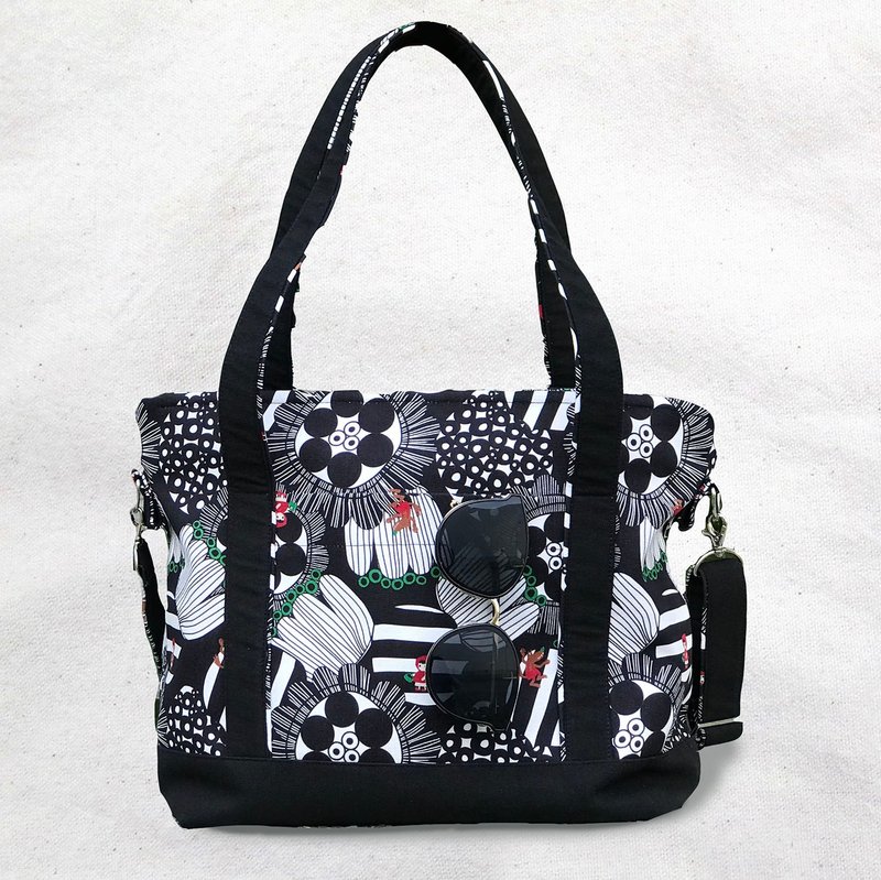 Waterproof exclusive print large tote bag + pencil case with the same color with cross-body strap-Flower Bo Little Red Riding Hood - Messenger Bags & Sling Bags - Cotton & Hemp Black