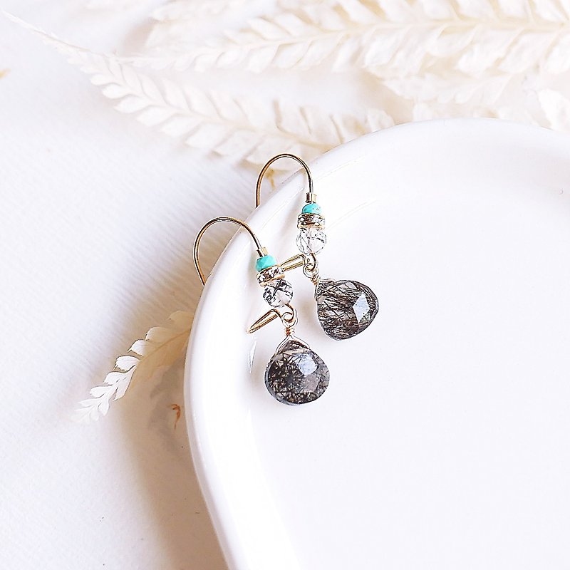天然黑髮晶 松石 法式耳環 14K GF 鋯石鑽 禮物 輕珠寶 - 耳環/耳夾 - 寶石 黑色