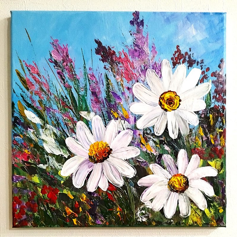 Wildflowers Painting Landscape Art Textured Artwork Daisies Wall Decoration - 壁貼/牆壁裝飾 - 壓克力 多色