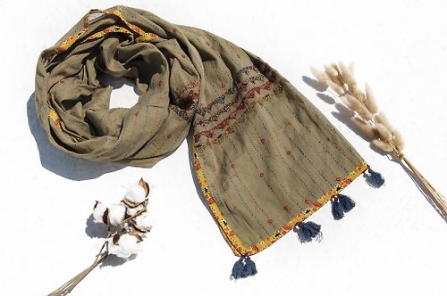 omhandmade 手工縫純棉絲巾/純棉刺繡圍巾/印度有機棉刺繡絲巾-沙漠風木刻印
