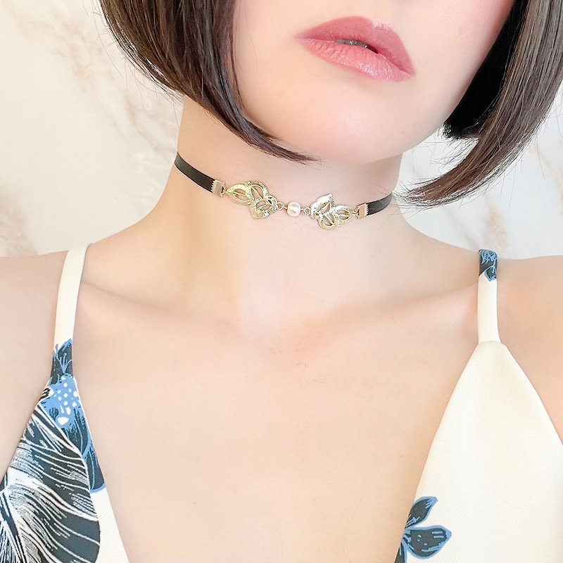 Gold / Tangled Secret Fruit / Cotton Pearl and Black Ribbon Choker SV125G - Chokers - Other Metals Gold