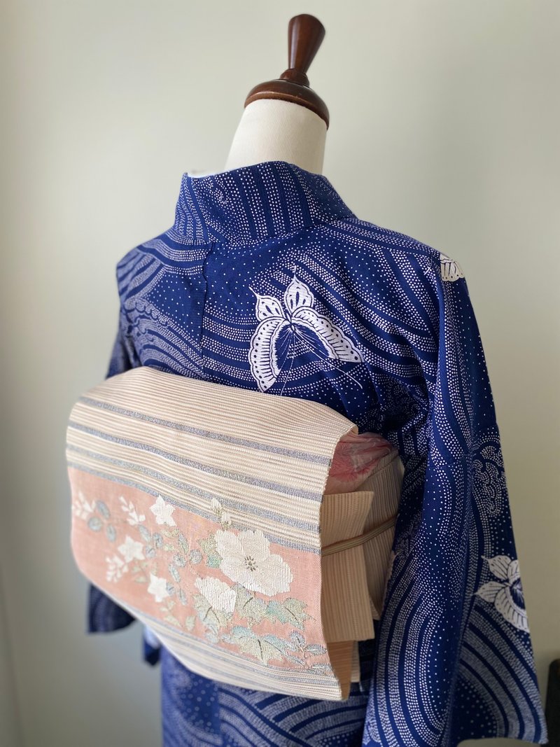 Dancing Butterflies & Waves Vintage Komon Kimono Unlined Robe - One Piece Dresses - Cotton & Hemp Blue