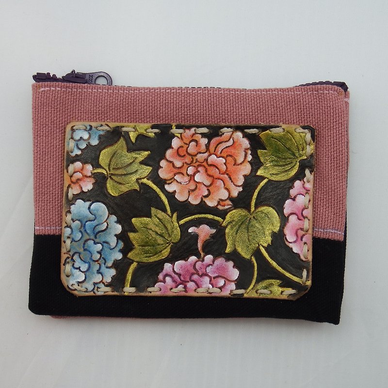 Vegetable tanned leather wine bag cloth multi-layer coin purse peony flower - Coin Purses - Genuine Leather Pink
