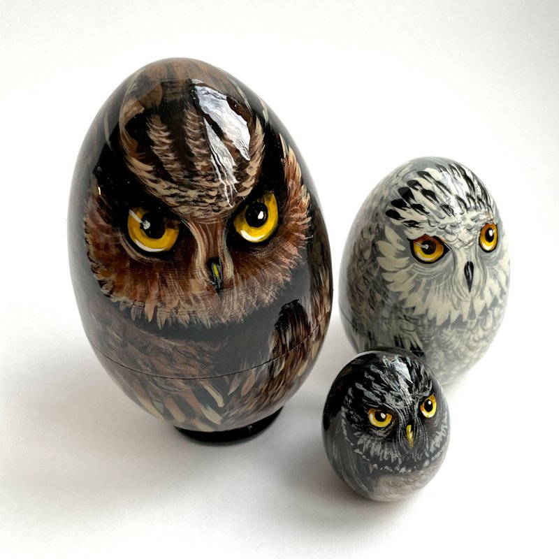 Big real owls, A Matryoshka of very realistic owls, matryoshka with animals - ของวางตกแต่ง - ไม้ สีนำ้ตาล