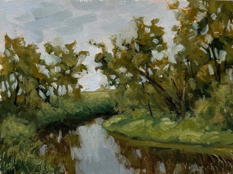 Original Oil Painting River Landscape Small Artwork Country House Decor 6x8 inch - Wall Décor - Other Materials 