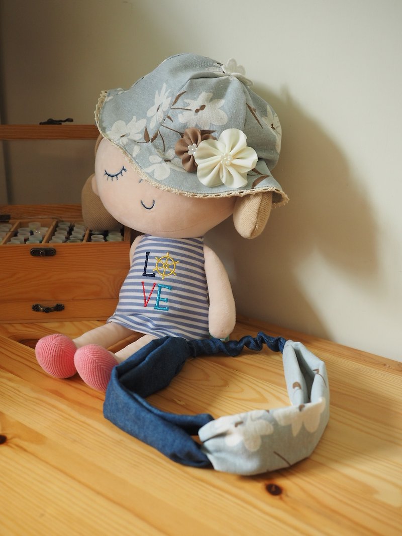 Handmade Reversible sun protection hat and elastic Headband - Baby Gift Sets - Cotton & Hemp Blue