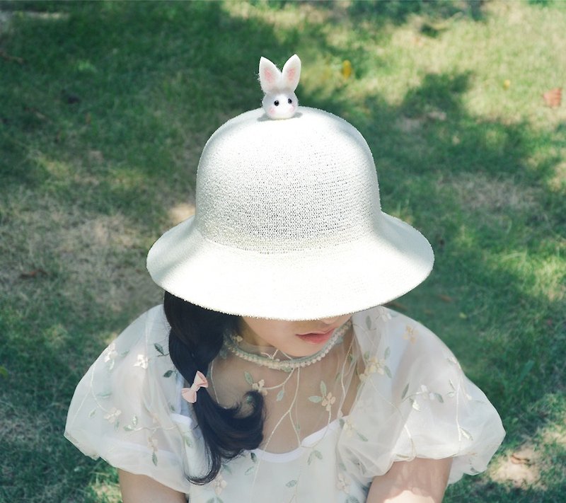 Cute Lamb Felt Small Bunny Cotton Line Pillow Hat Fisherman Cap Fresh Loose Sun Hood - Hats & Caps - Cotton & Hemp White