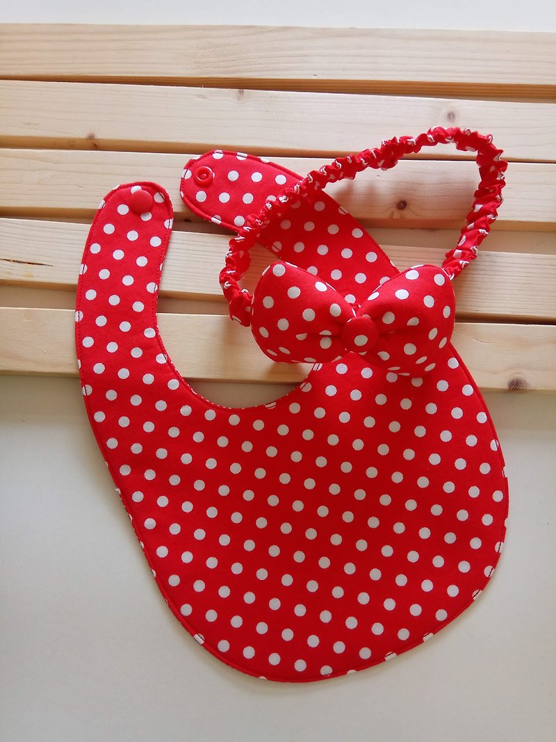 Red Dot White Moon Gift Bib + Hair Band - Baby Gift Sets - Cotton & Hemp Red