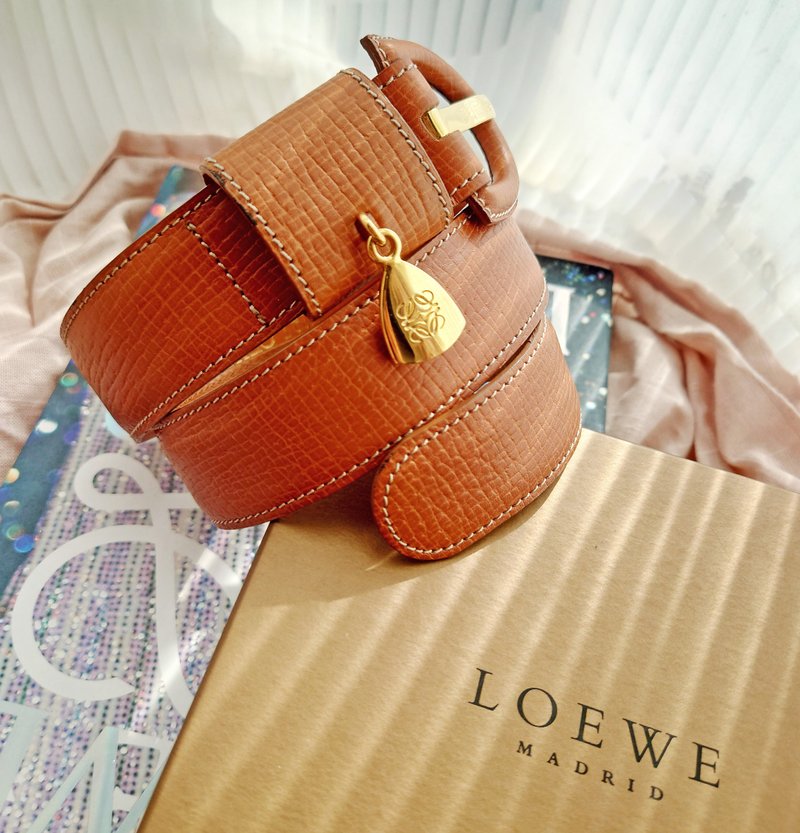 中古孤品 正版附盒 Loewe 樹紋 皮革 金棕 vintage 腰帶皮帶 belt - 皮帶/腰帶 - 真皮 咖啡色
