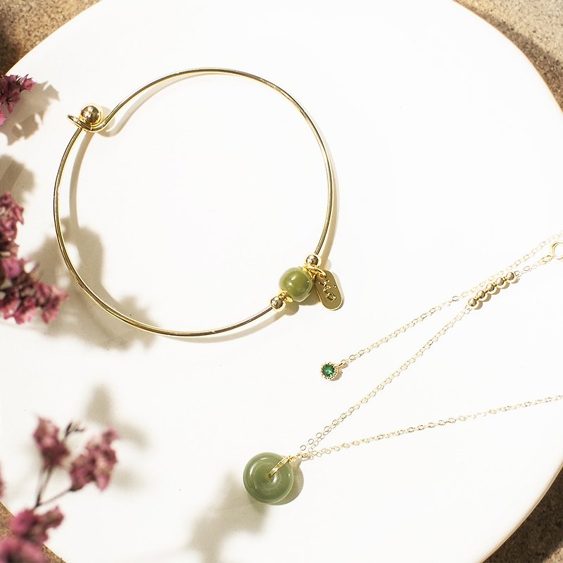 [Qingmi] Hetian Qingyu safety buckle set | necklace + bracelet - สร้อยข้อมือ - หยก สีเขียว
