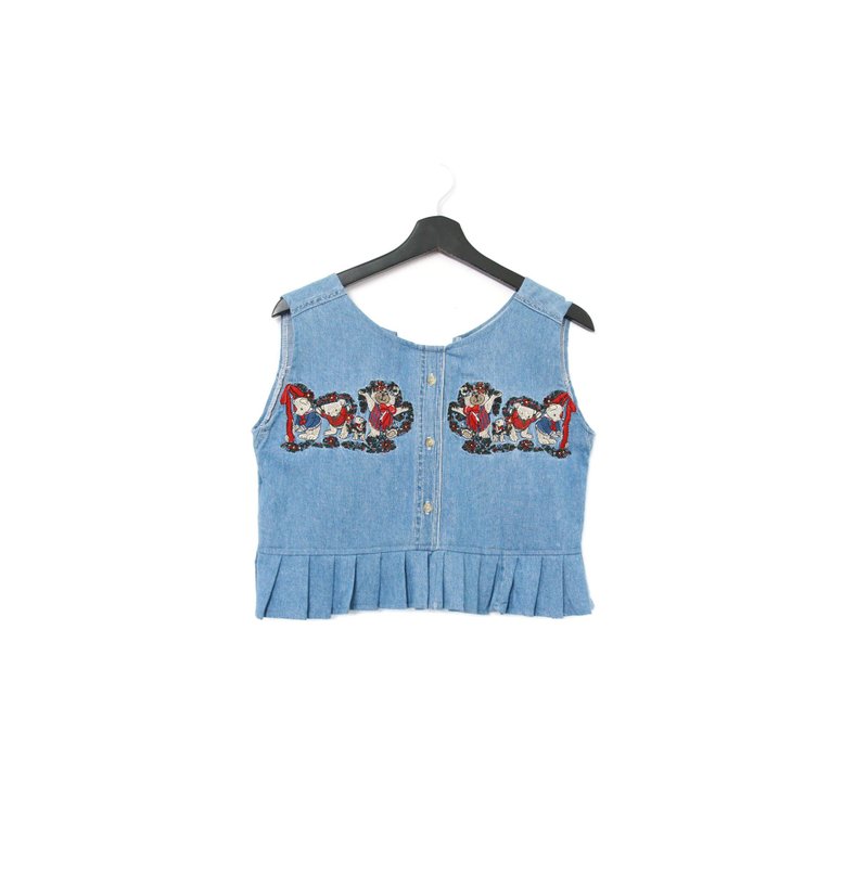 Back to Green-丹寧刺繡背心 佈置小熊 花圈 dv-27//vintage vest - 背心/無袖上衣 - 棉．麻 