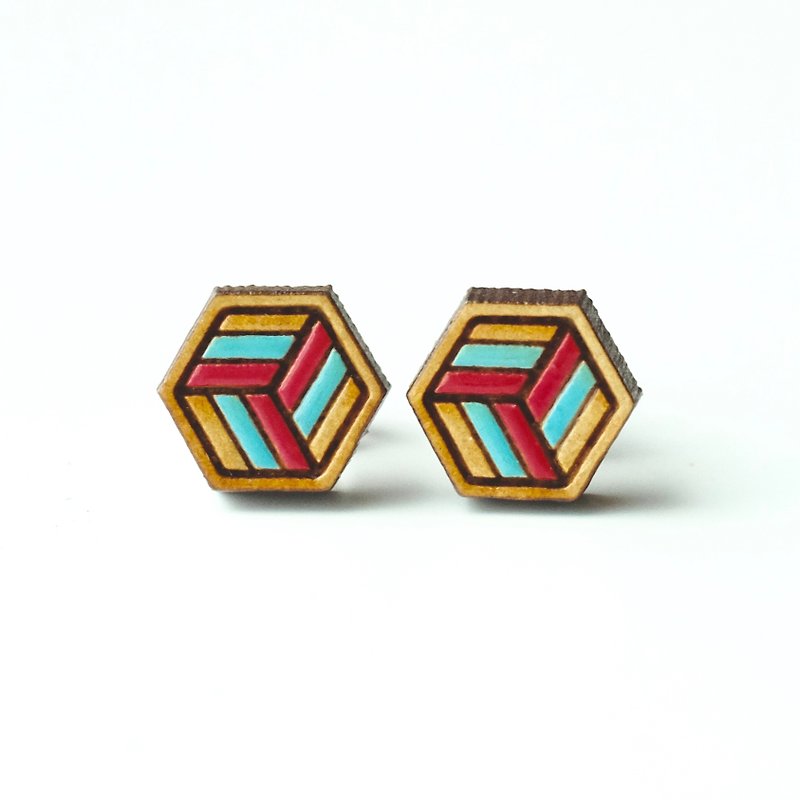 Painted wood earrings-Geometric hexagon - Earrings & Clip-ons - Wood Multicolor