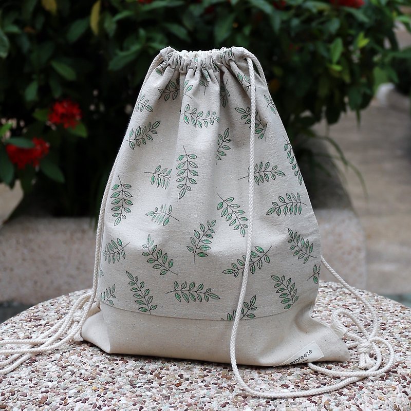 Silverbreeze~ Bundle Back Backpack ~ Leaves (B16) - Drawstring Bags - Cotton & Hemp Green