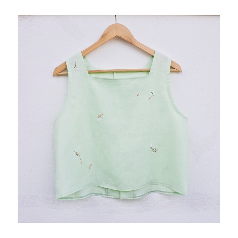 棉．麻 女上衣/長袖上衣 綠色 - Linen shirt, sleeveless, square neck, green