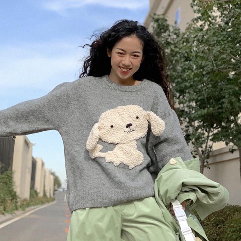 小白狗子 復古感毛衣 加厚 圓領 套頭上衣 - 女毛衣/針織衫 - 其他人造纖維 灰色